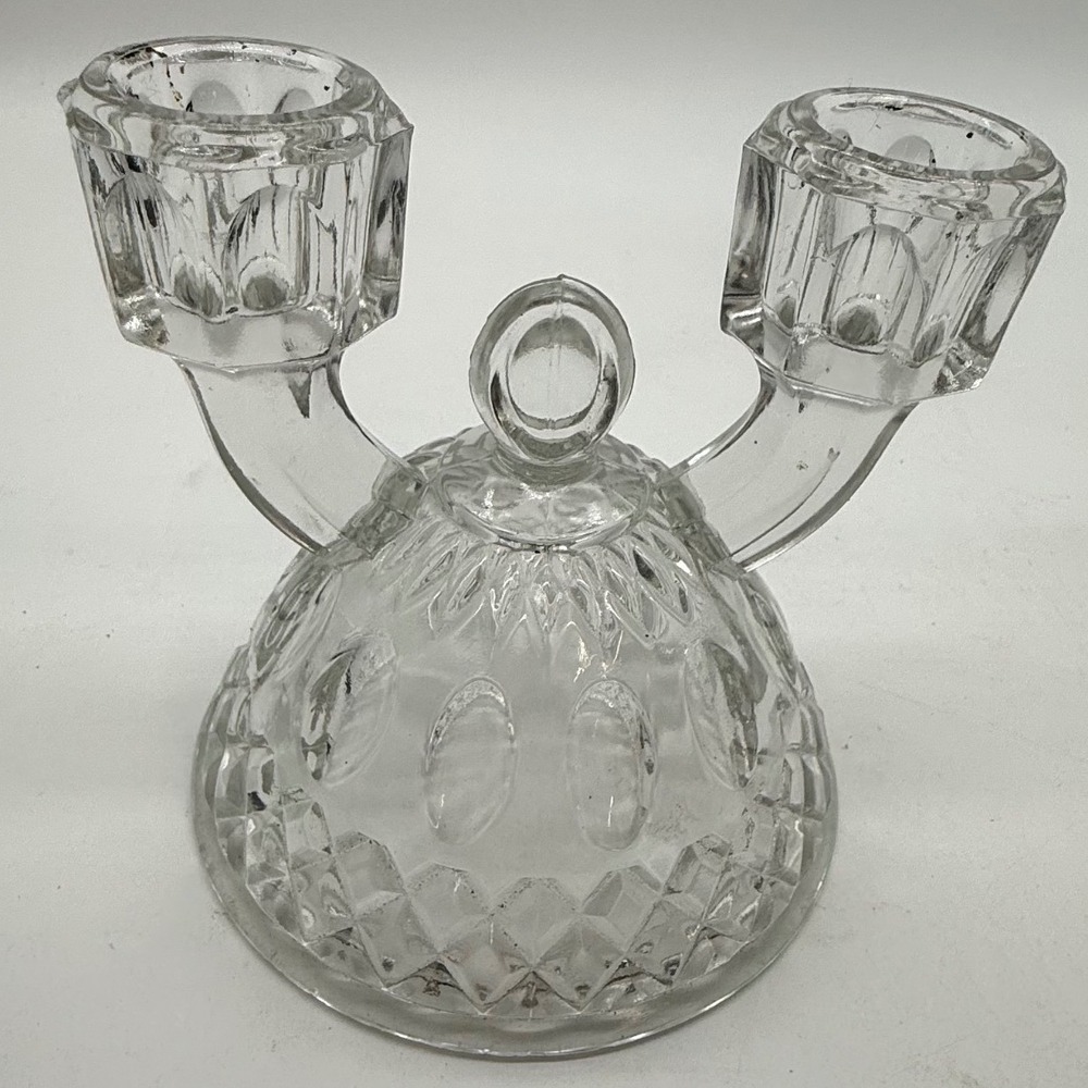 Vintage Clear Pressed Glass Double Taper Candle Holder Candelabra Diamond Point